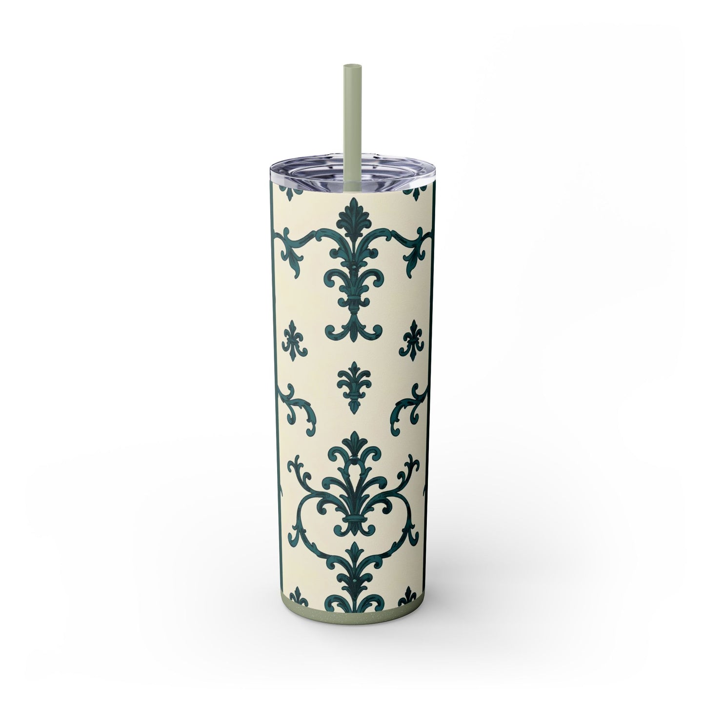 Elegant Floral Skinny Tumbler, 20oz - Stylish Travel Mug for Home, Coffee Lover Gift, Eco-Friendly Drinkware, Party Favor - Teal Striped Rococo