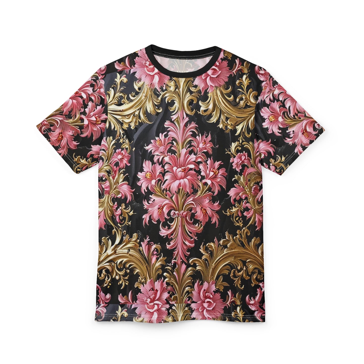 Elegant Floral Unisex Tee, Vintage Style Shirt, AOP Print, Everyday Wear, Unique Gift, Fashion Statement - Black & Pink Oil Painting Style Rococo