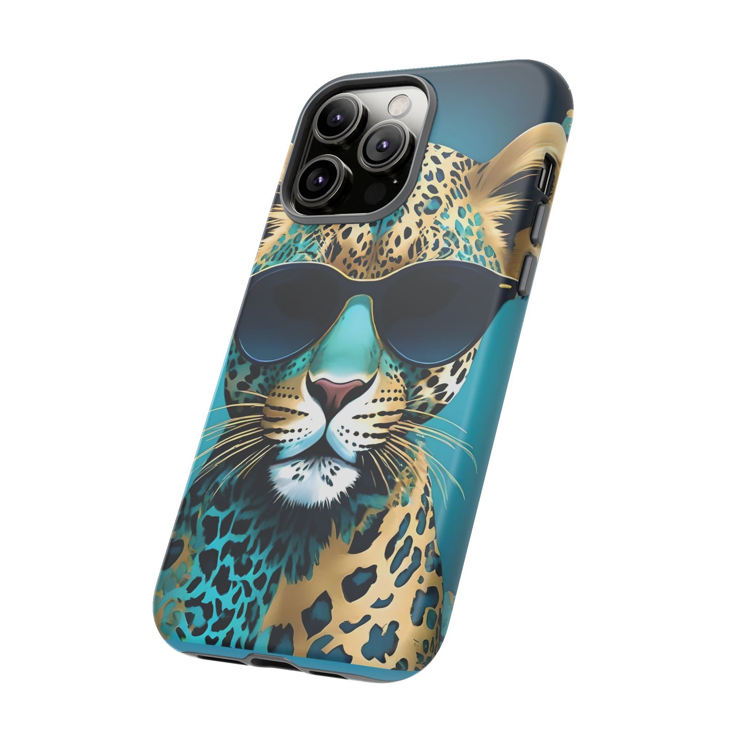 Phone Case - Aqua & Gold Leopard In Sunglasses Design