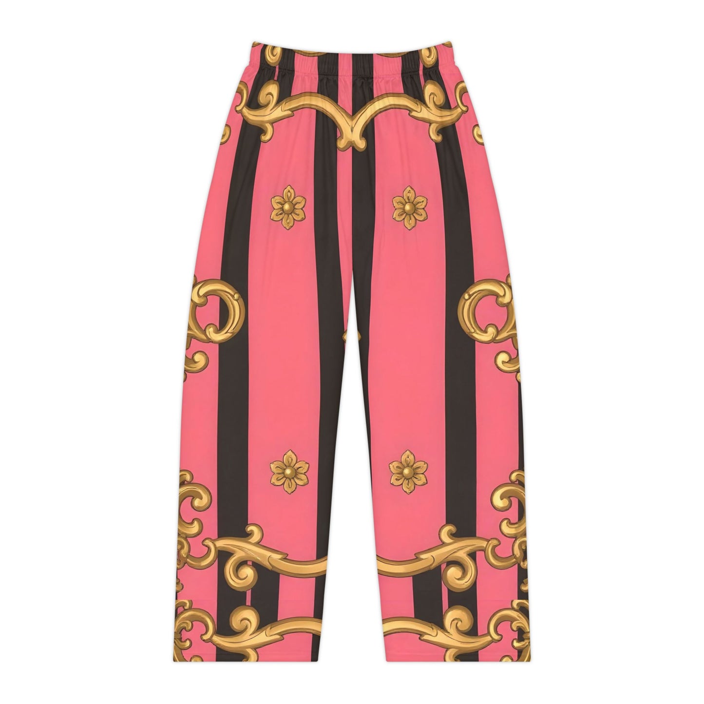 Chic Women's Pajama Pants with Elegant Gold Floral Design, Lounge Pants, Sleepwear, Gift for Her - Pink & Black Striped Gold Baroque