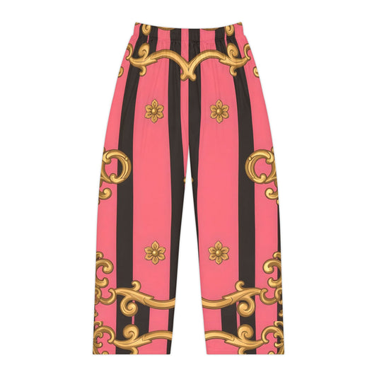 Chic Women's Pajama Pants with Elegant Gold Floral Design, Lounge Pants, Sleepwear, Gift for Her - Pink & Black Striped Gold Baroque