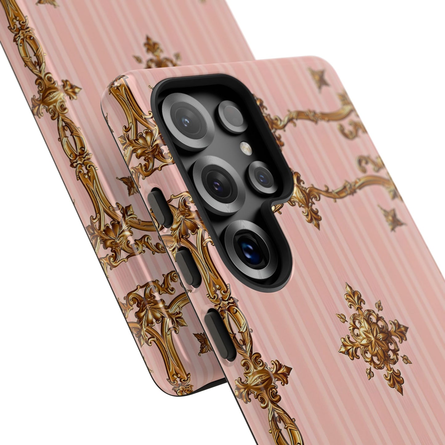 Elegant Floral Phone Case, Tough Cases for Women, Trendy Phone Cover, Chic Gift - Pink Striped Gold Baroque