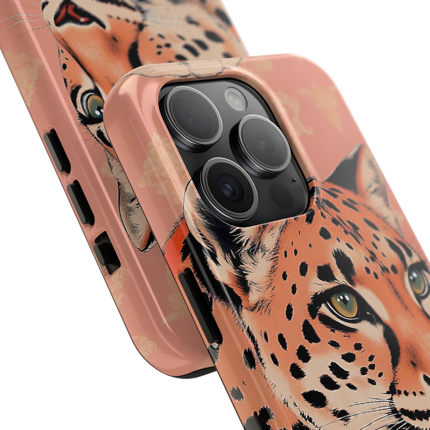 Leopard Tough Phone Case - Trendy Floral Motif Design for Animal Lovers - Peach Leopard & Damask