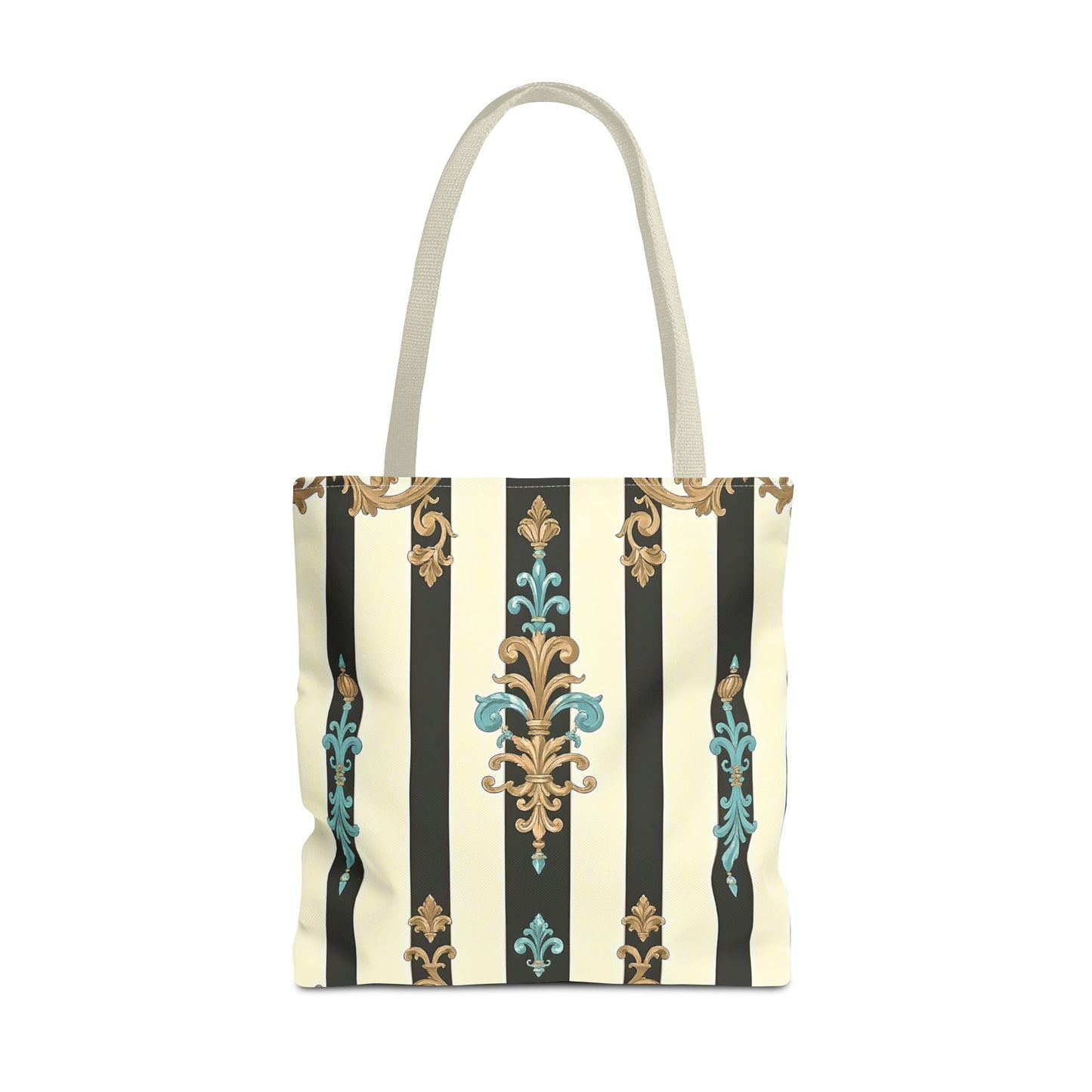 Elegant Stripe Pattern Tote Bag | Fashionable Reusable Shopping Tote, Eco-Friendly Gift Bag - Black Striped Turquoise & Black Rococo