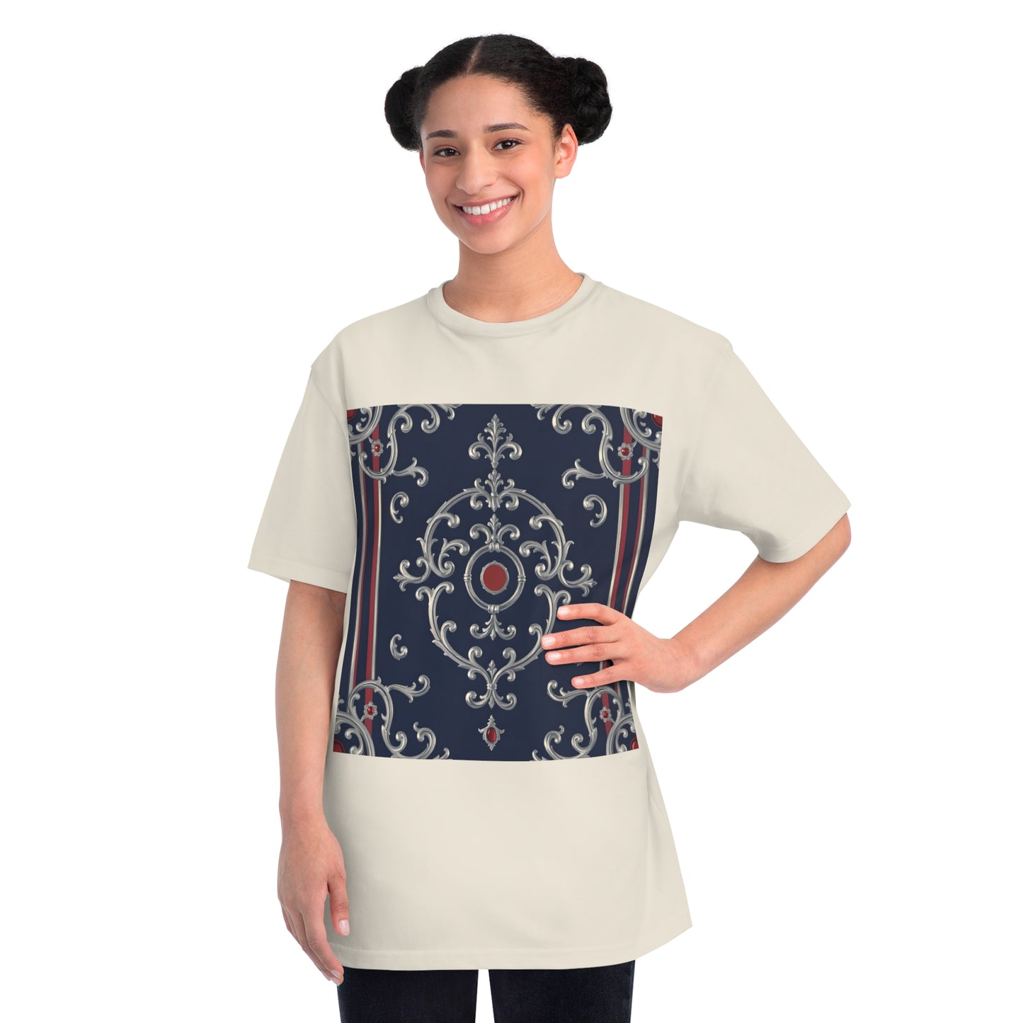 Vintage Pattern Organic Unisex T-Shirt | Baroque Style Tee, Casual Wear, Unique Gift, Eco-Friendly Fashion - Blue & Red Striped Silver Baroque