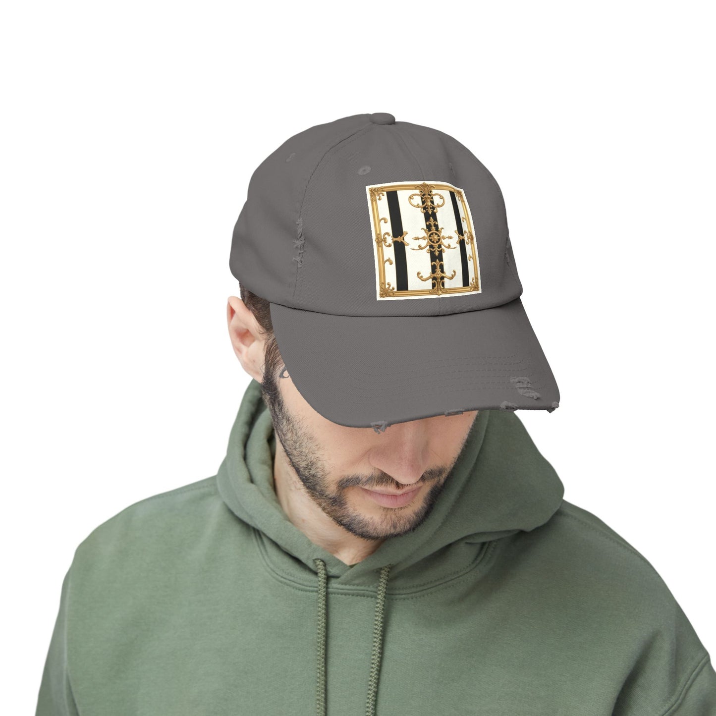 Stylish Distressed Cap with Unique Gold Design, Trendy Hat, Casual Wear, Gift for Him/Her - Black & White Striped Gold Baroque