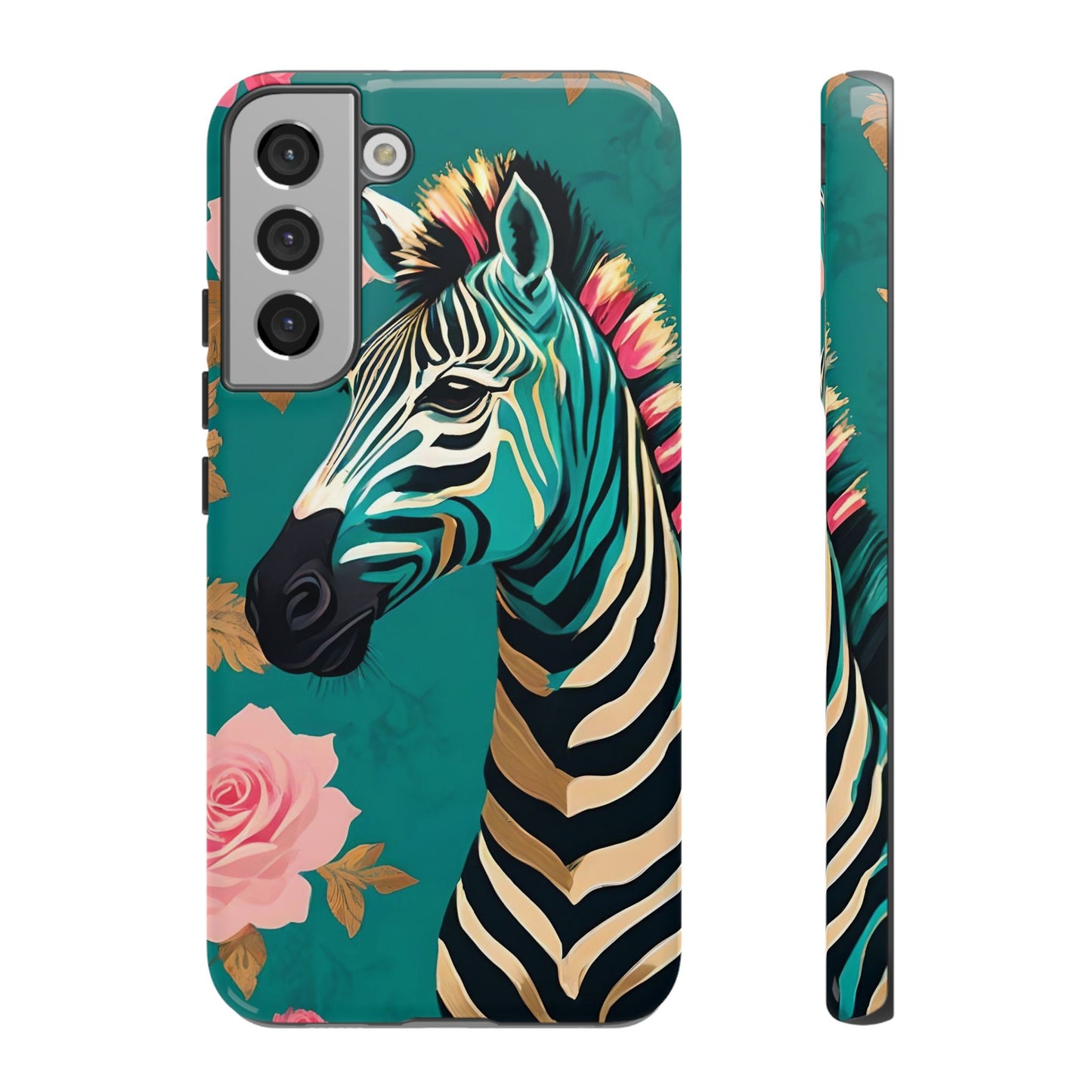 Phone Case - Elegant Teal & Gold Zebra & Roses Design