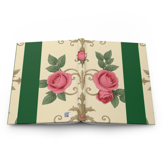 Elegant Floral Motif Hardcover Journal - Stylish Writing Notebook - Green Border Roses & Damask