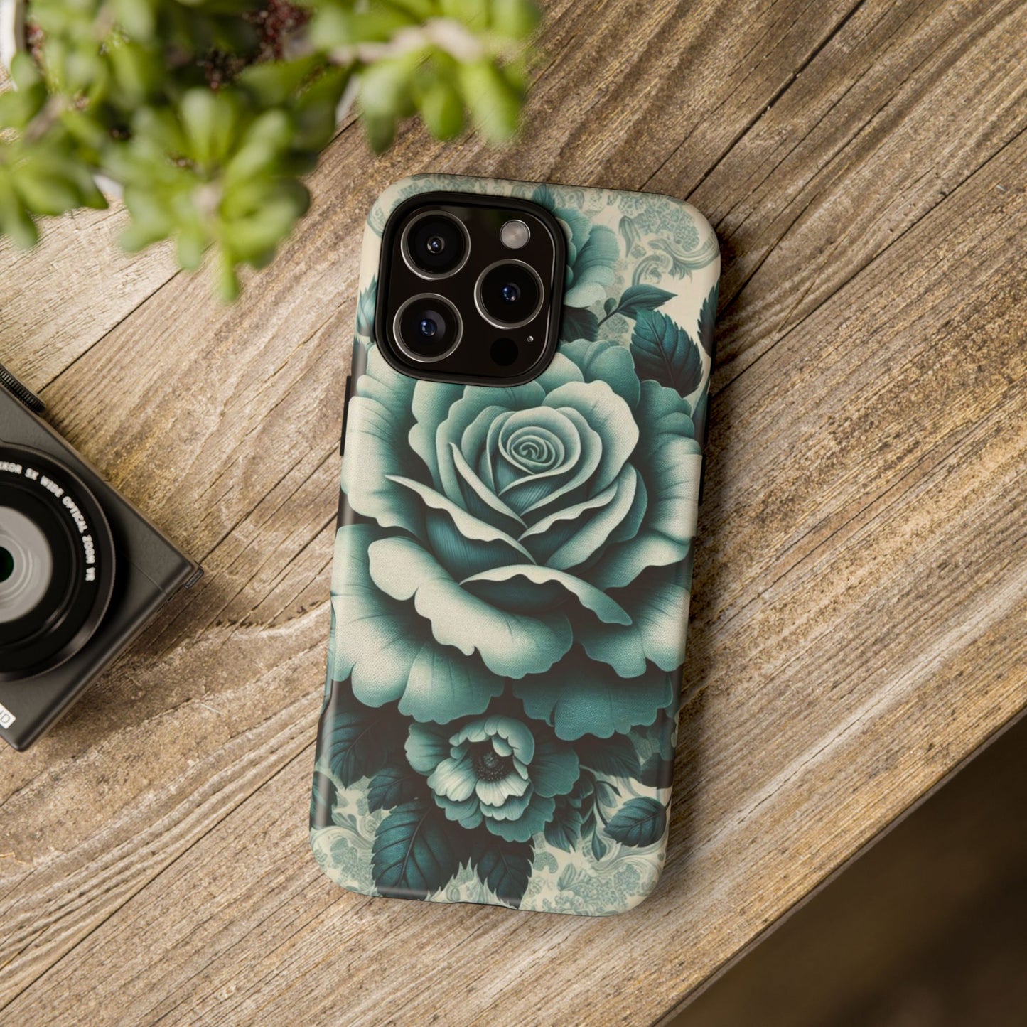 Elegant Floral Motif Phone Case - Tough Cases with Vintage Design - Teal Roses & Damask
