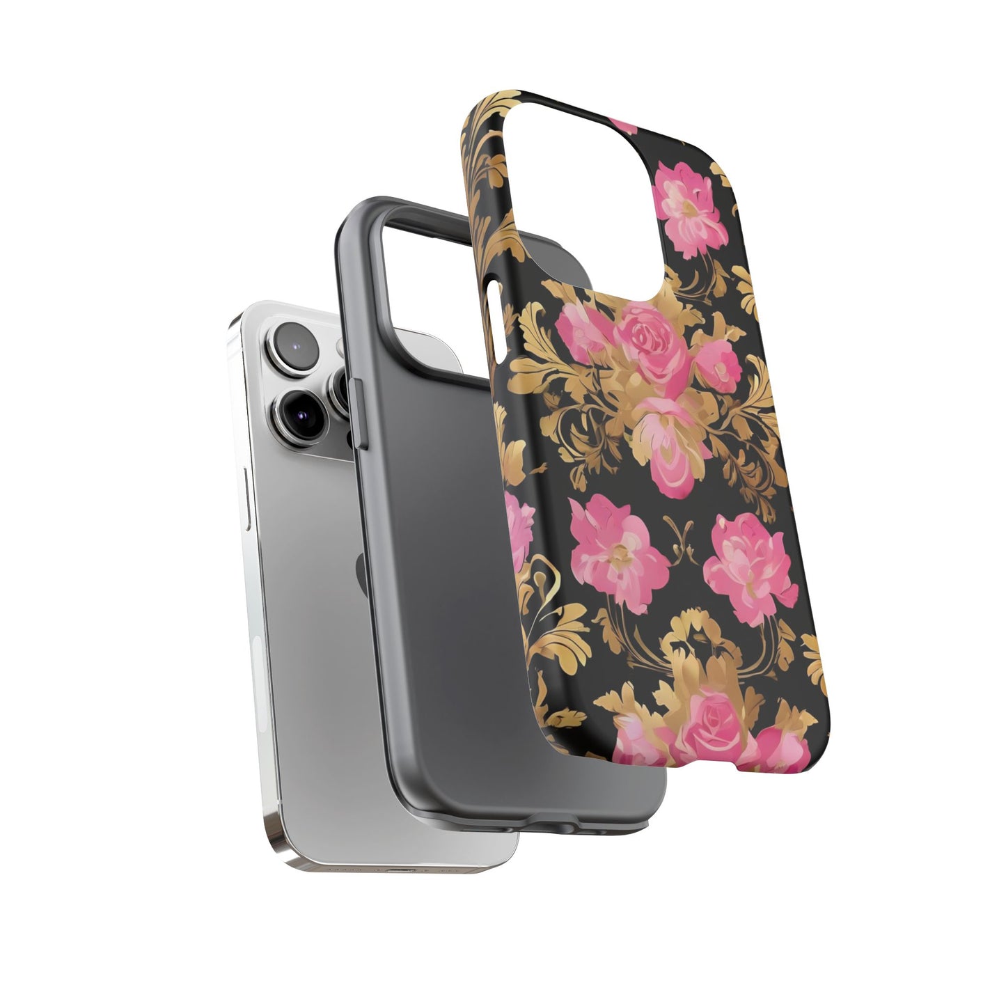 Elegant Floral Motif Phone Case - Tough Cases with Vintage Design - Pink & Gold Roses