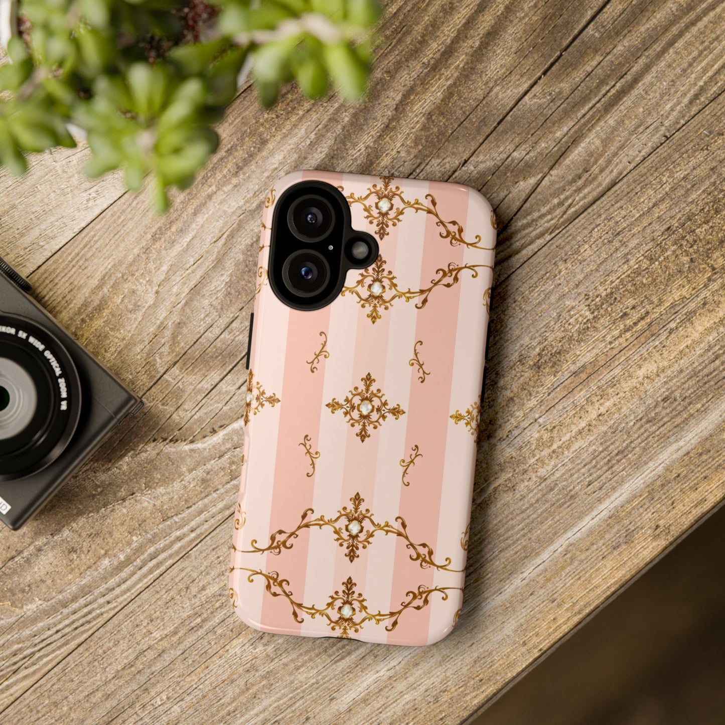 Elegant Floral Phone Case, Tough Cases for Women, Trendy Phone Cover, Chic Gift - Pink Jeweled Striped Gold Baroque