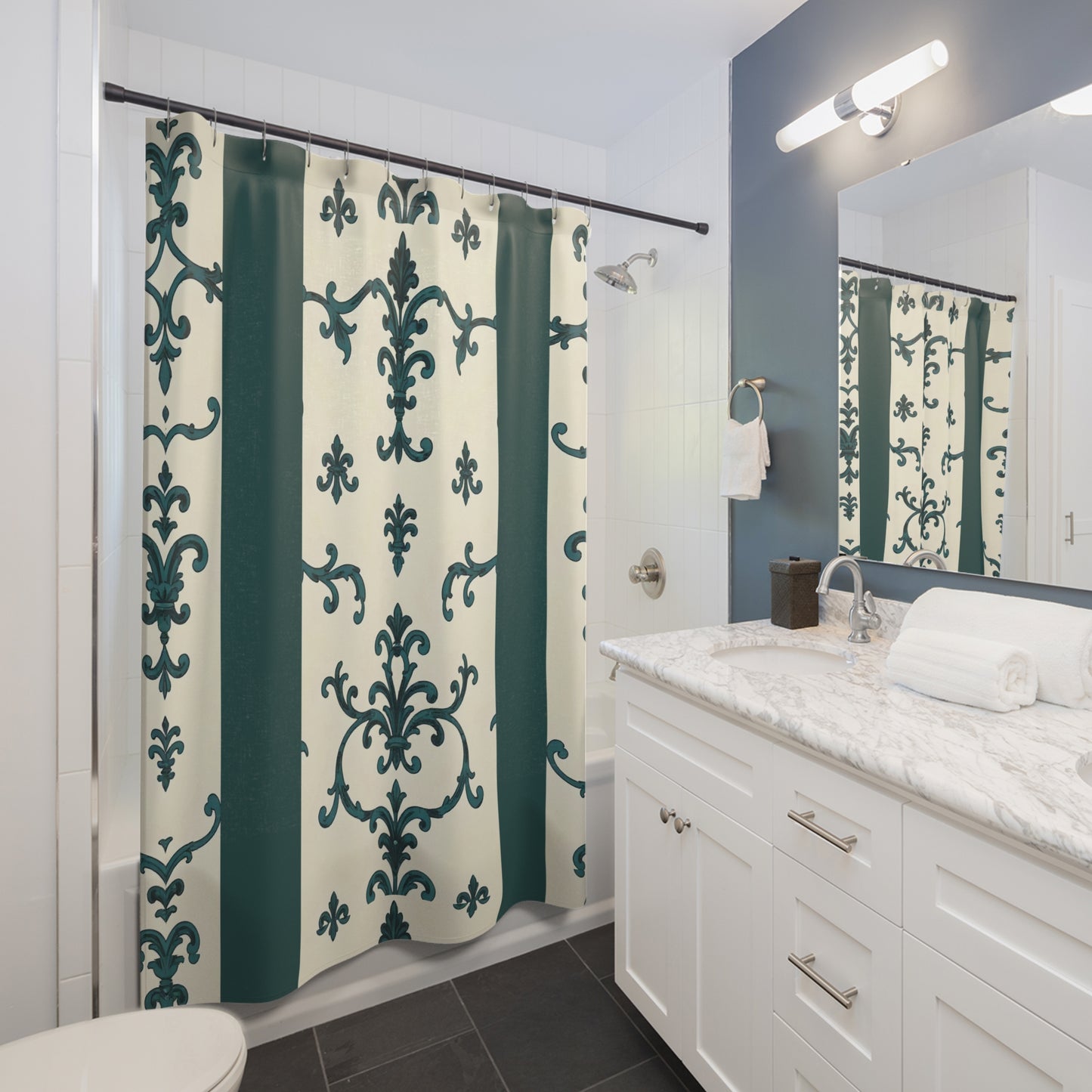 Shower Curtains - Teal Striped Rococo