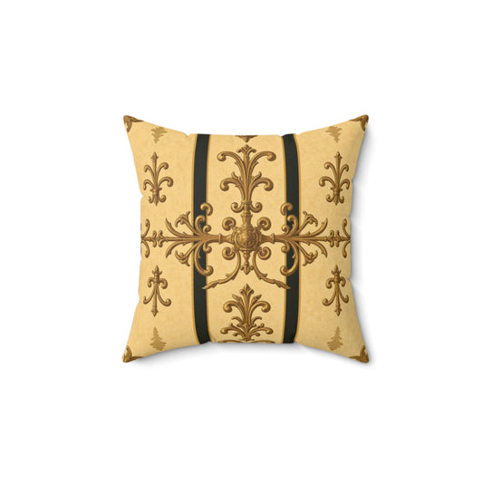 Elegant Gold Floral Faux Suede Pillow, Luxurious Decorative Cushion, Vintage Home Decor, Bohemian Throw Pillow - Matte Yellow Striped Antique Rococo