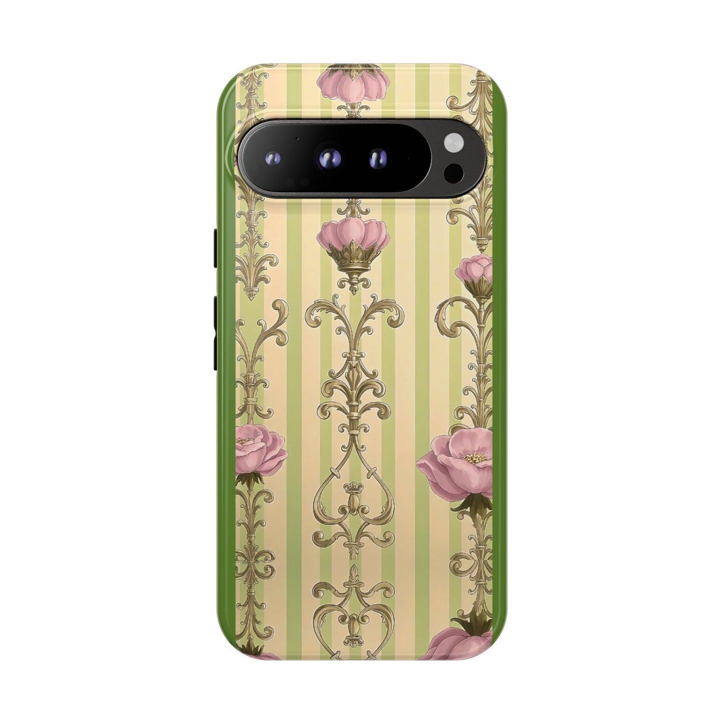 Elegant Floral Motif Phone Case - Tough Cases with Vintage Design - Lime Green & Pink Striped Damask