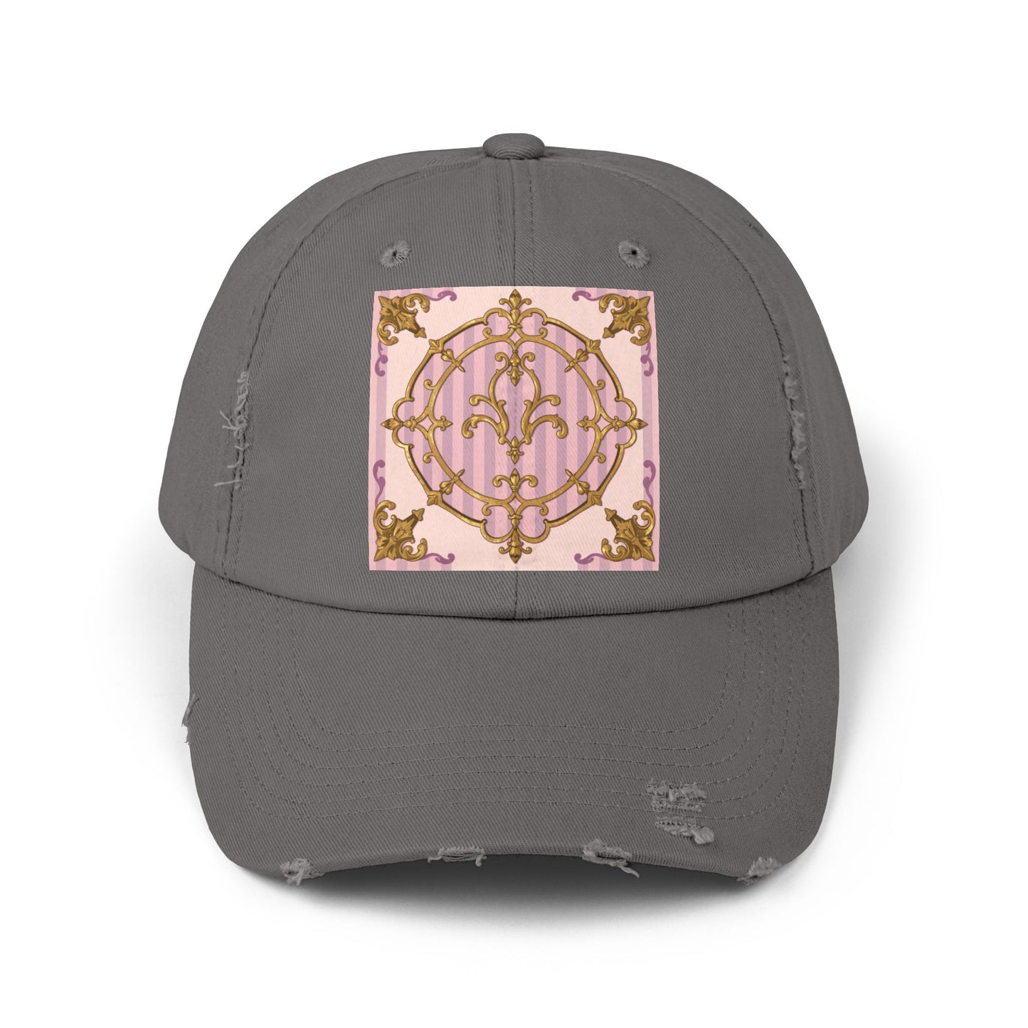 Chic Distressed Cap with Elegant Lavender & Alabaster Striped Gold Baroque Design | Casual Style, Streetwear, Gift for Her, Unique Accessory