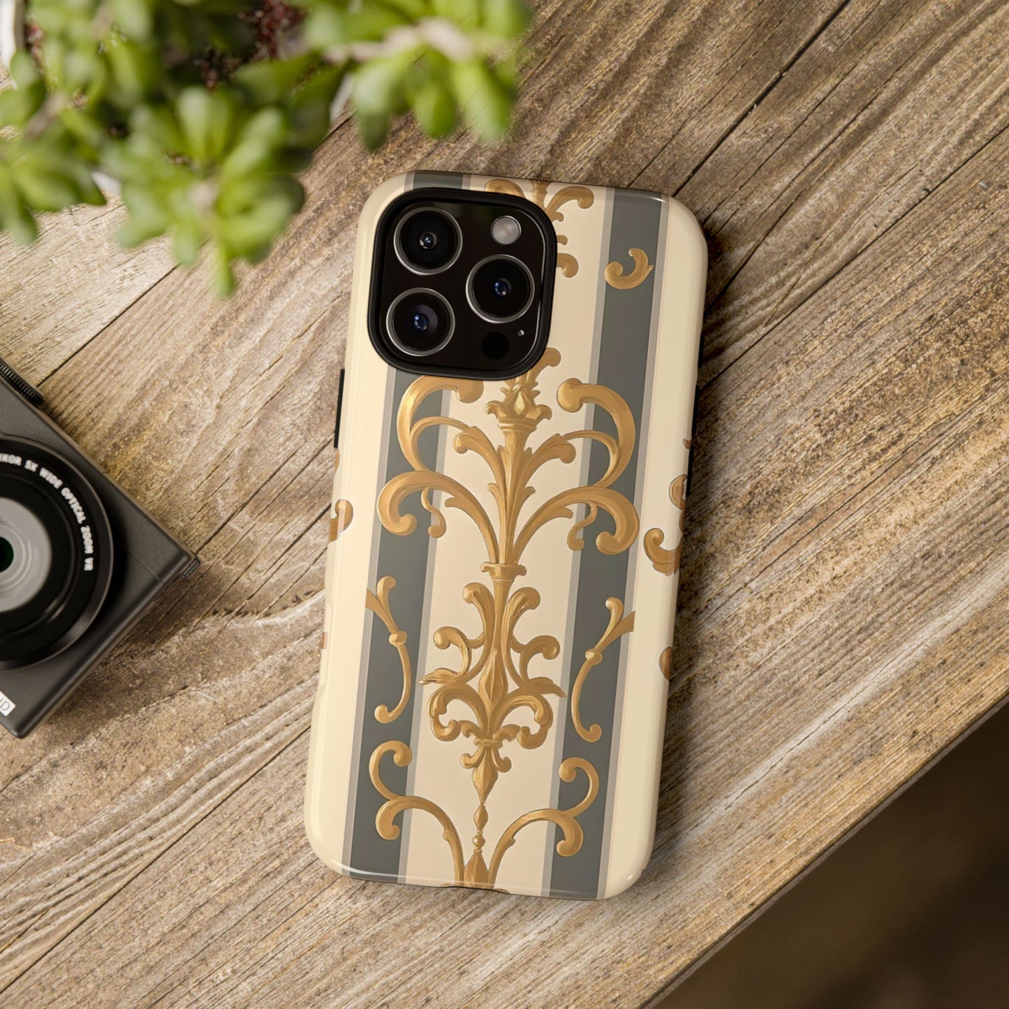 Elegant Floral Motif Phone Case - Tough Cases with Vintage Design - Dusk Olive Striped Gold Damask