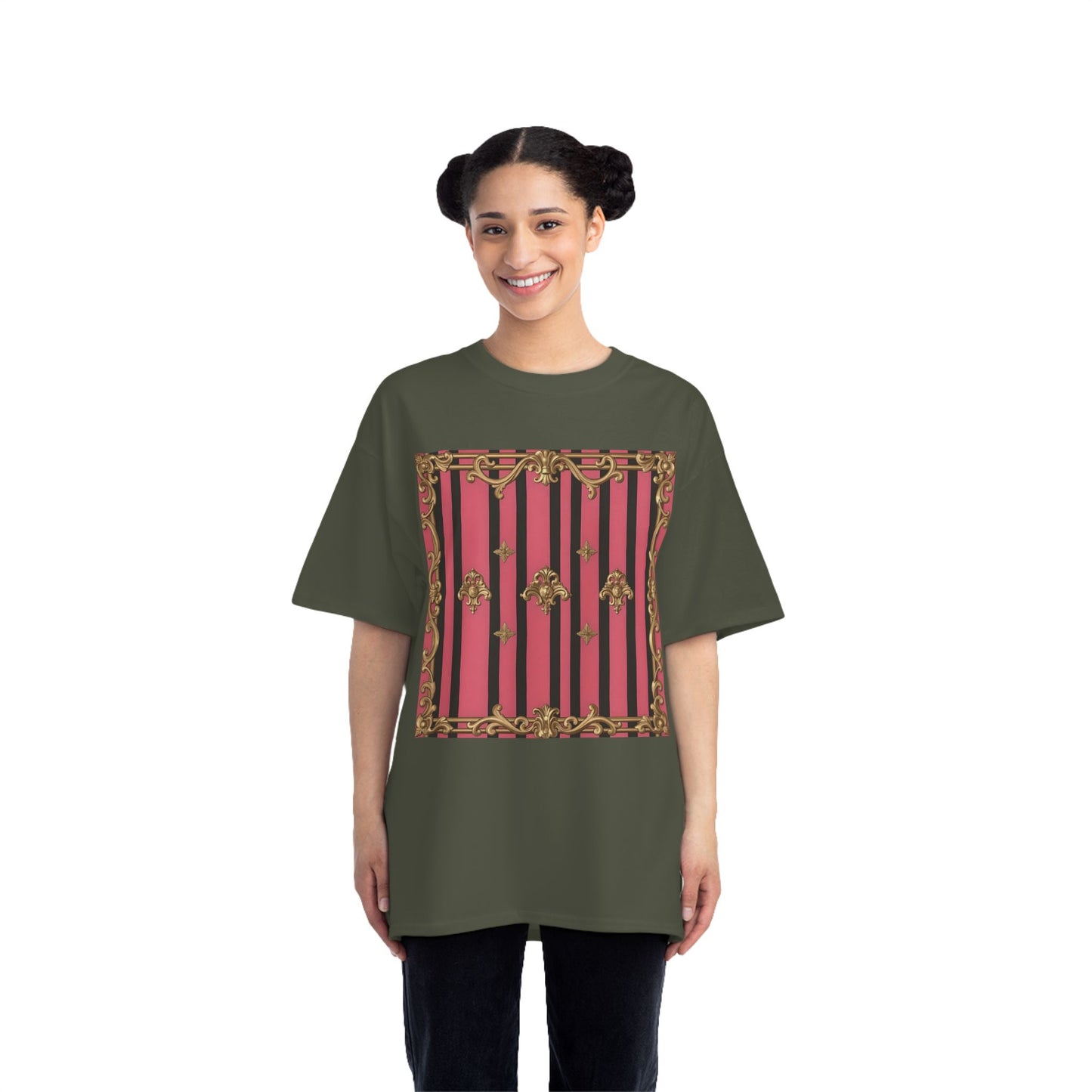 Elegant Baroque Short-Sleeve T-Shirt - Artistic Fashion, Graphics Tee, Unique Gift, Stylish Apparel, Casual Wear - Pink Striped Gold Rococo