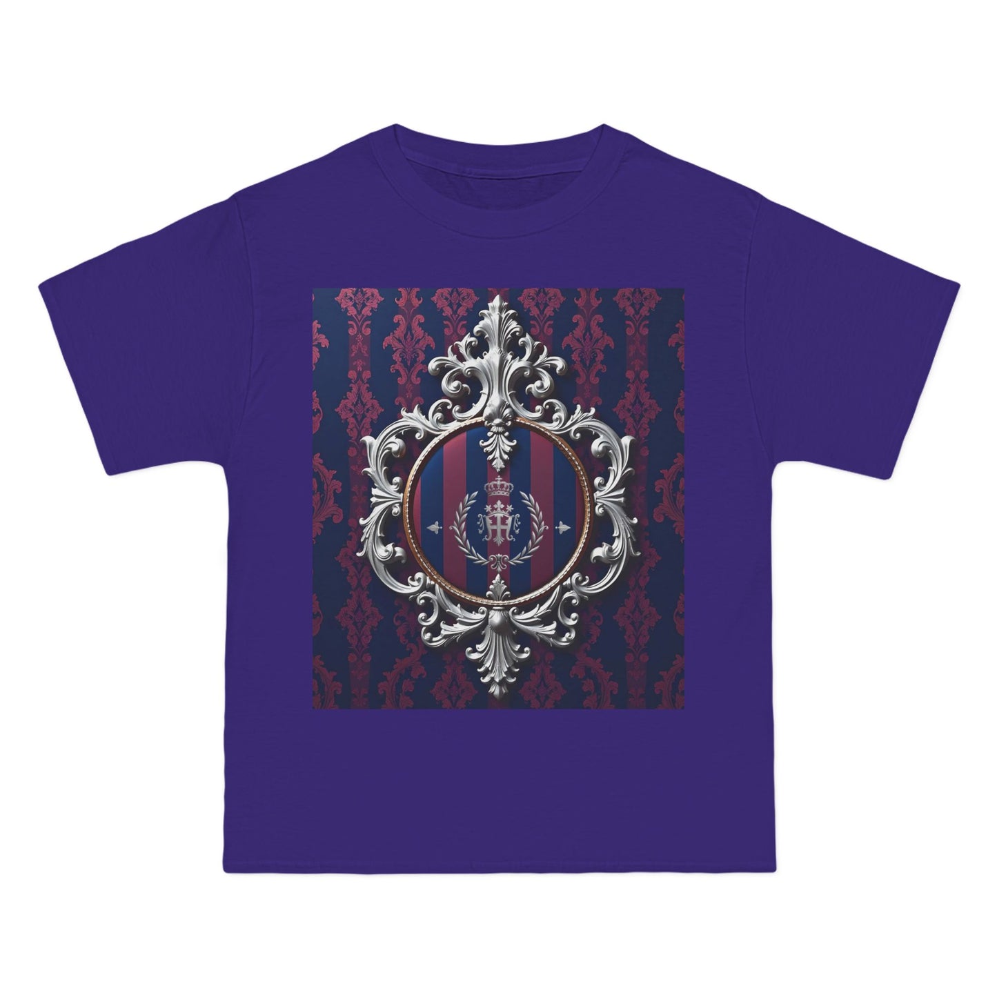 Elegant Unisex Graphic T-Shirt - Vintage Inspired, Casual Wear, Unique Gift, Art Tee, Fashion Statement - Blue & Plum Striped Silver Crest