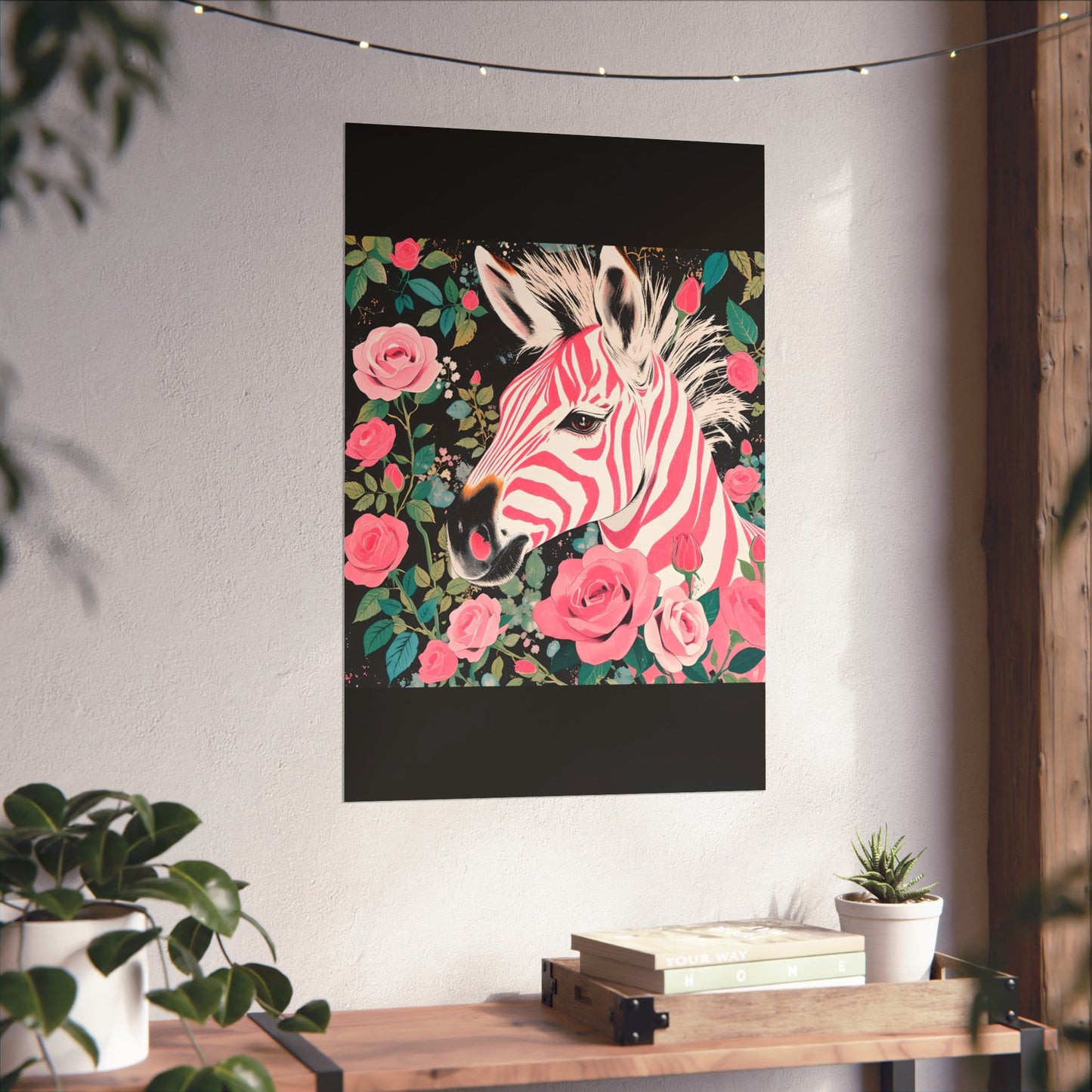 Floral Art Poster - Elegant Matte Vertical Wall Decor - Pink & White Zebra