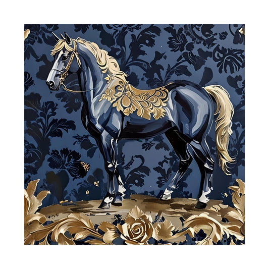 Floral Motif Art Poster - Elegant Matte Vertical Wall Decor - Midnight Blue & Gold Damask Horse