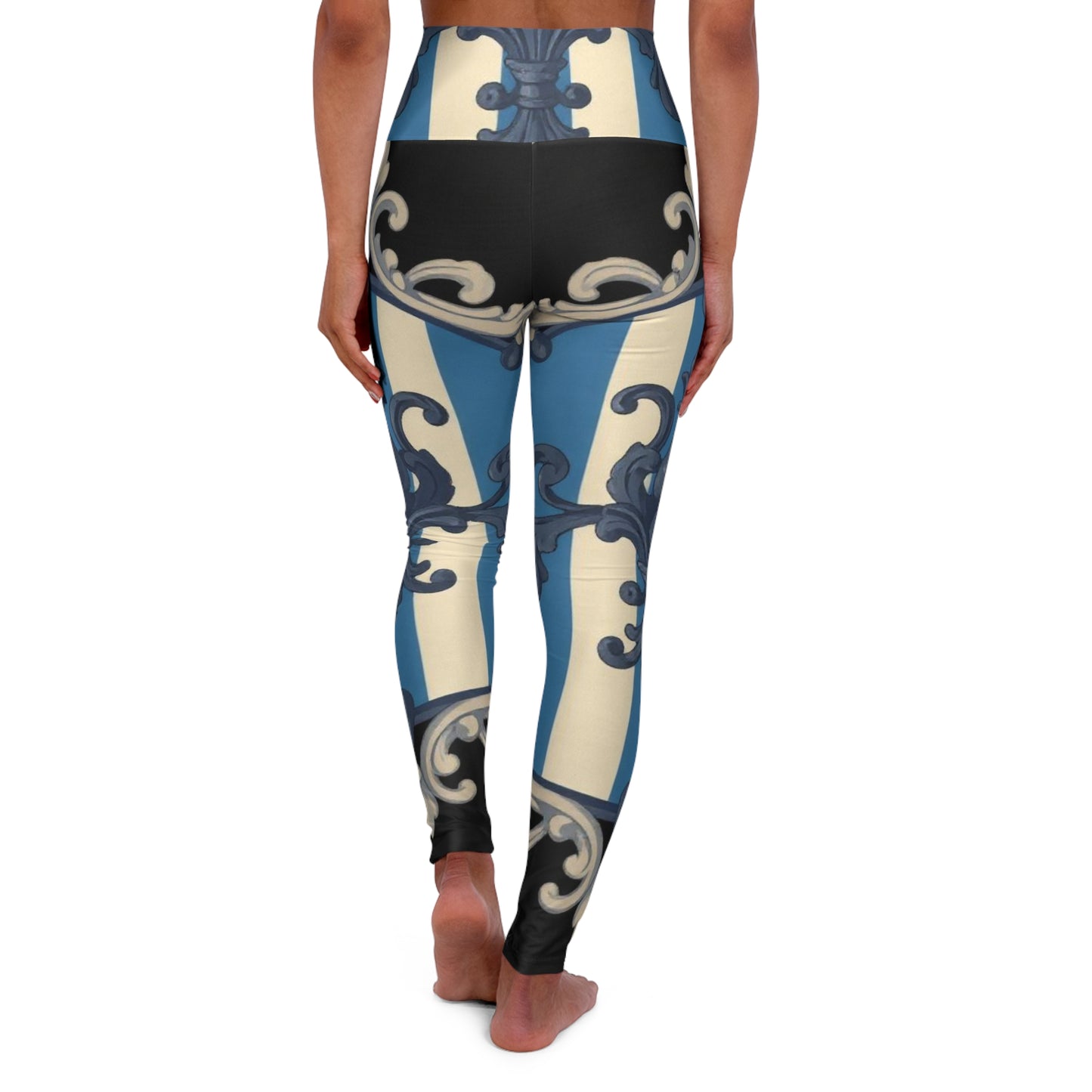 Chic Blue & Alabaster Striped Baroque High Waisted Yoga Leggings, Stylish Workout Gear, Activewear, Fitness Fashion, Comfortable Leggings