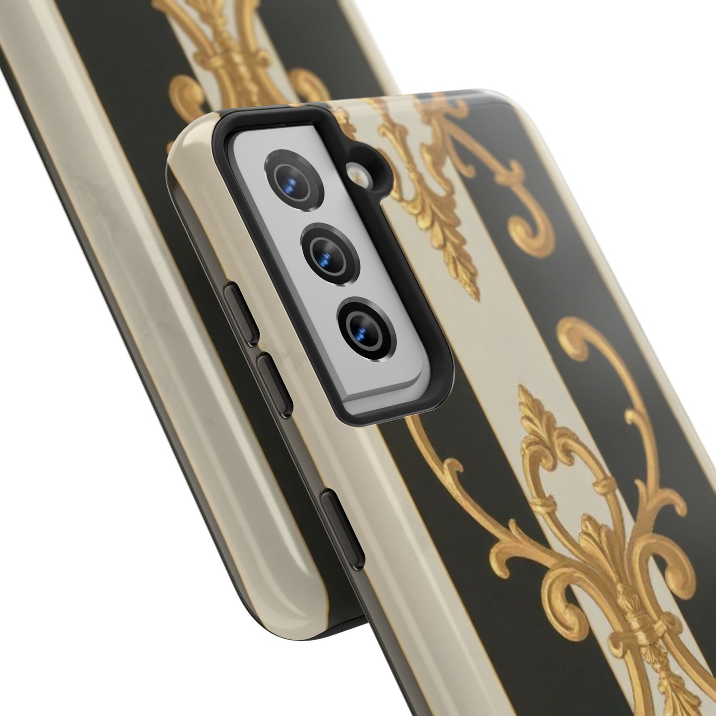 Elegant Black & Alabaster Striped Baroque Tough Phone Cases - Chic Protection, Black Gold Decor, Stylish Accessory, Gift for Her, Trendy Tech