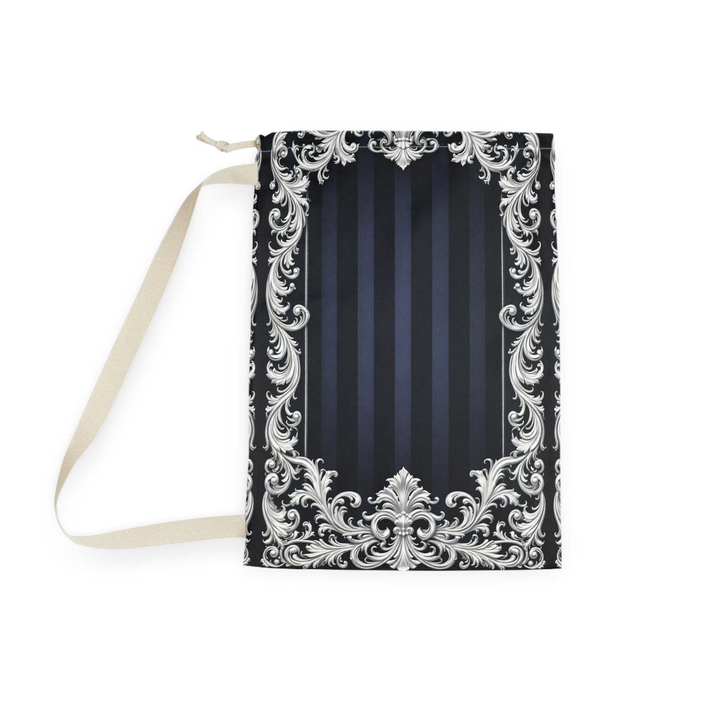 Navy Stripes & Baroque Laundry Bag — Elegant Navy Drawstring Hampers for Travel and Dorm