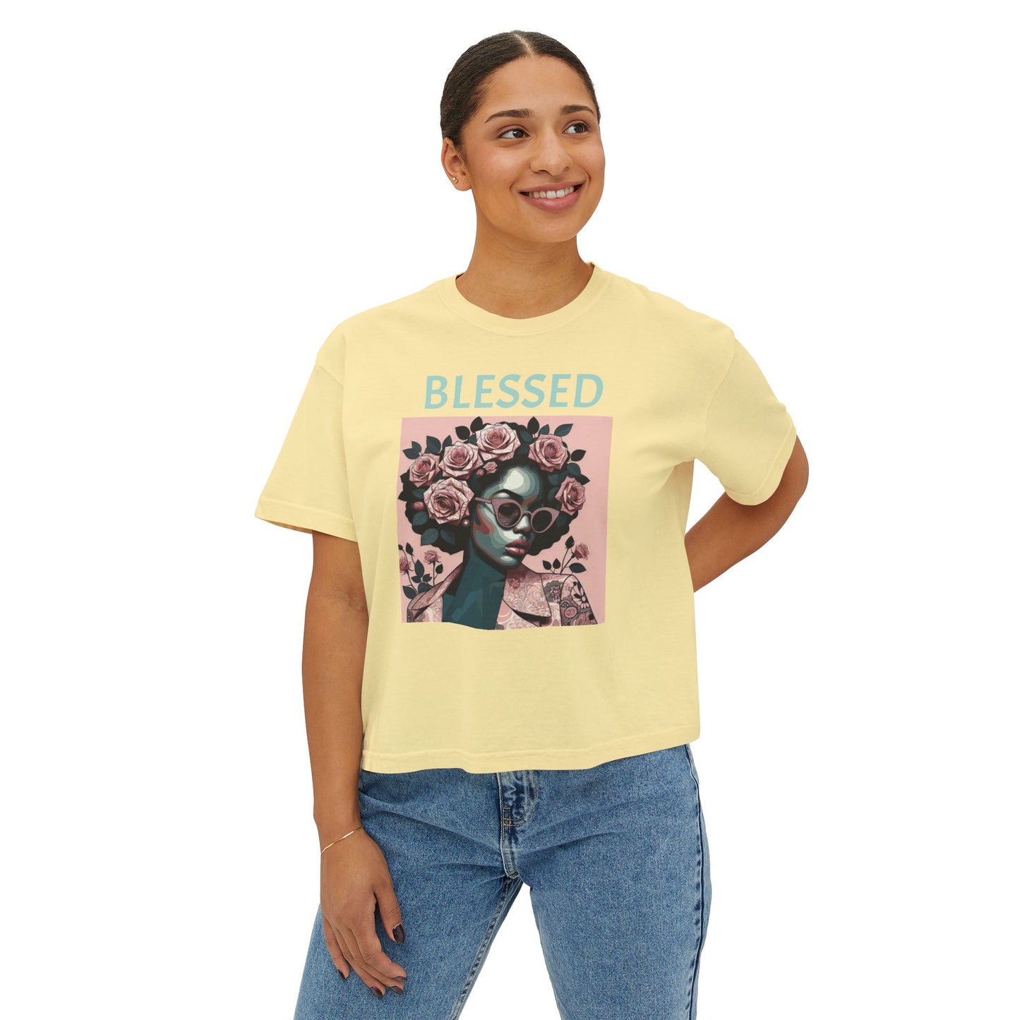 Blessed Women's Boxy Tee - Floral Graphic Shirt, Trendy Casual Top, Perfect Gift for Her, Boho Fashion, Self-Care Reminder - Mint Lettering