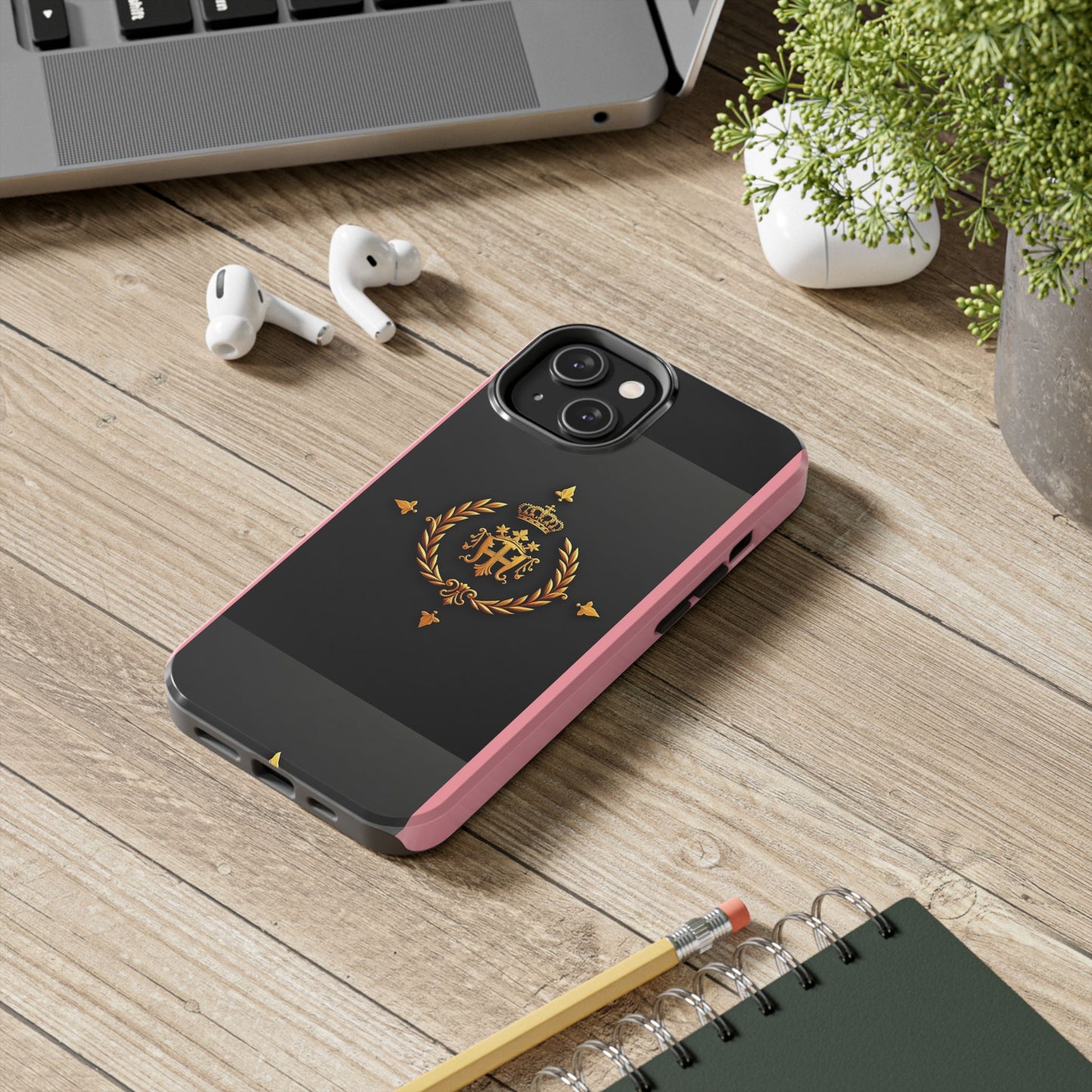 Tough Phone Case with Regal Design - Elegant Phone Protection, Gift for Him/Her, Royalty Inspired - Pink Striped Gold Crest