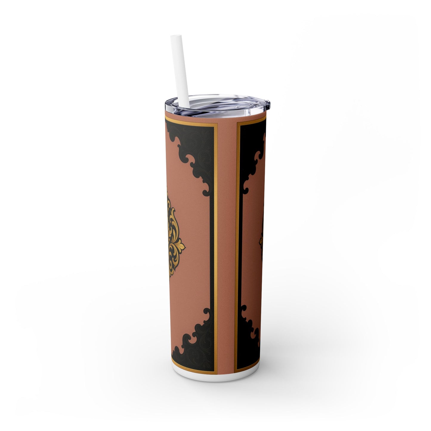 20oz Skinny Tumbler with Straw — Vintage Mauve & Black-Gold Baroque Design