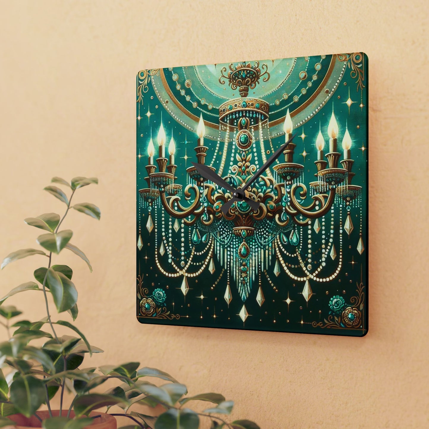 Chic Chandelier Acrylic Wall Clock, Elegant Home Decor, Modern Timepiece, Unique Gift, Wall Art - Green & Gold Jeweled Chandelier