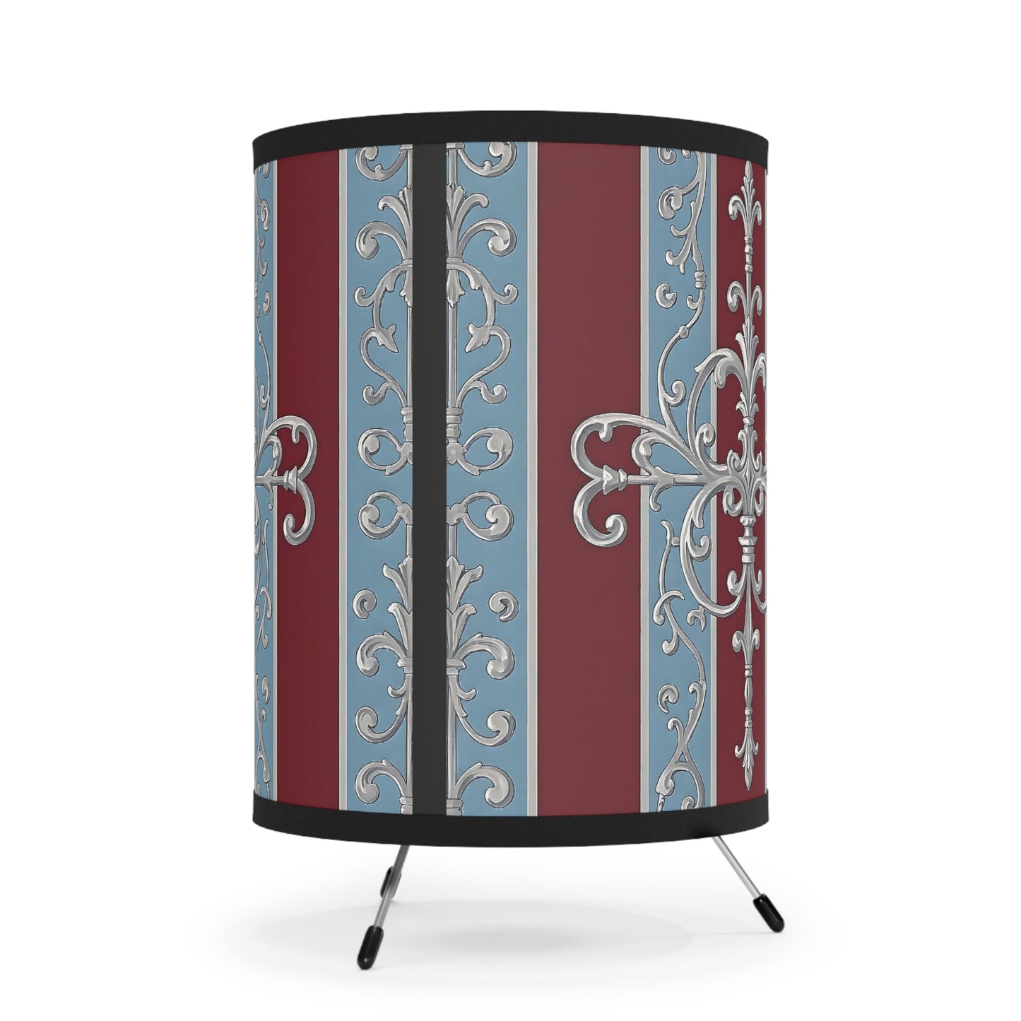 Elegant Tripod Lamp with Vintage Floral Design - Ice Blue & Burgundy Striped Baroque