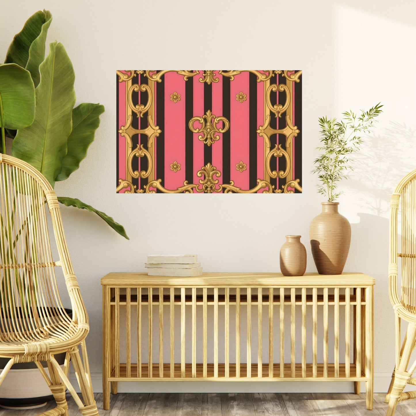 Elegant Decorative Foam Board - Chic Wall Decor, Glam Home Art, Stylish Backdrop, Gift for Her - Pink & Black Striped Gold Baroque