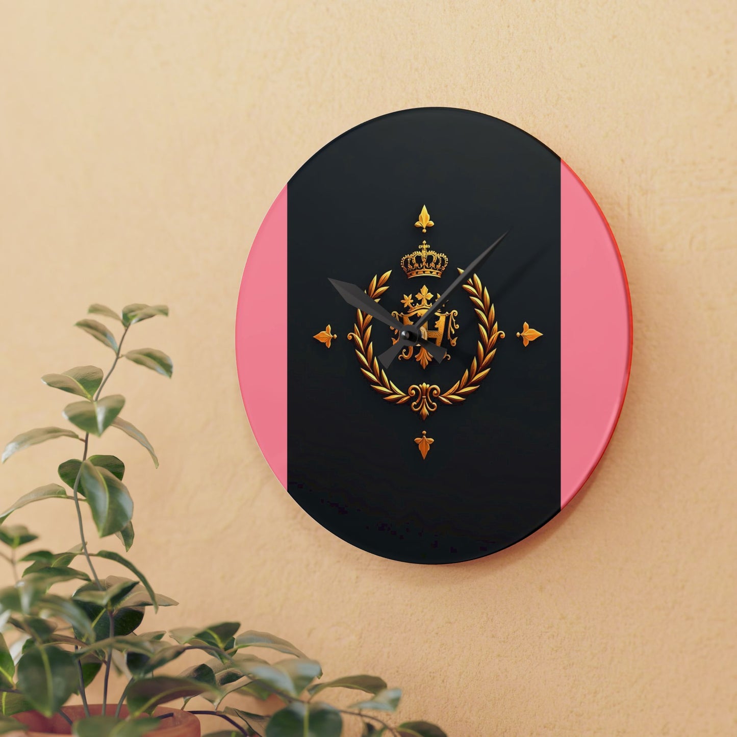 Royal Emblem Acrylic Wall Clock | Elegant Home Decor, Modern Wall Art, Gift for Her, Office Decor, Unique Timepiece - Pink Striped Gold Crest
