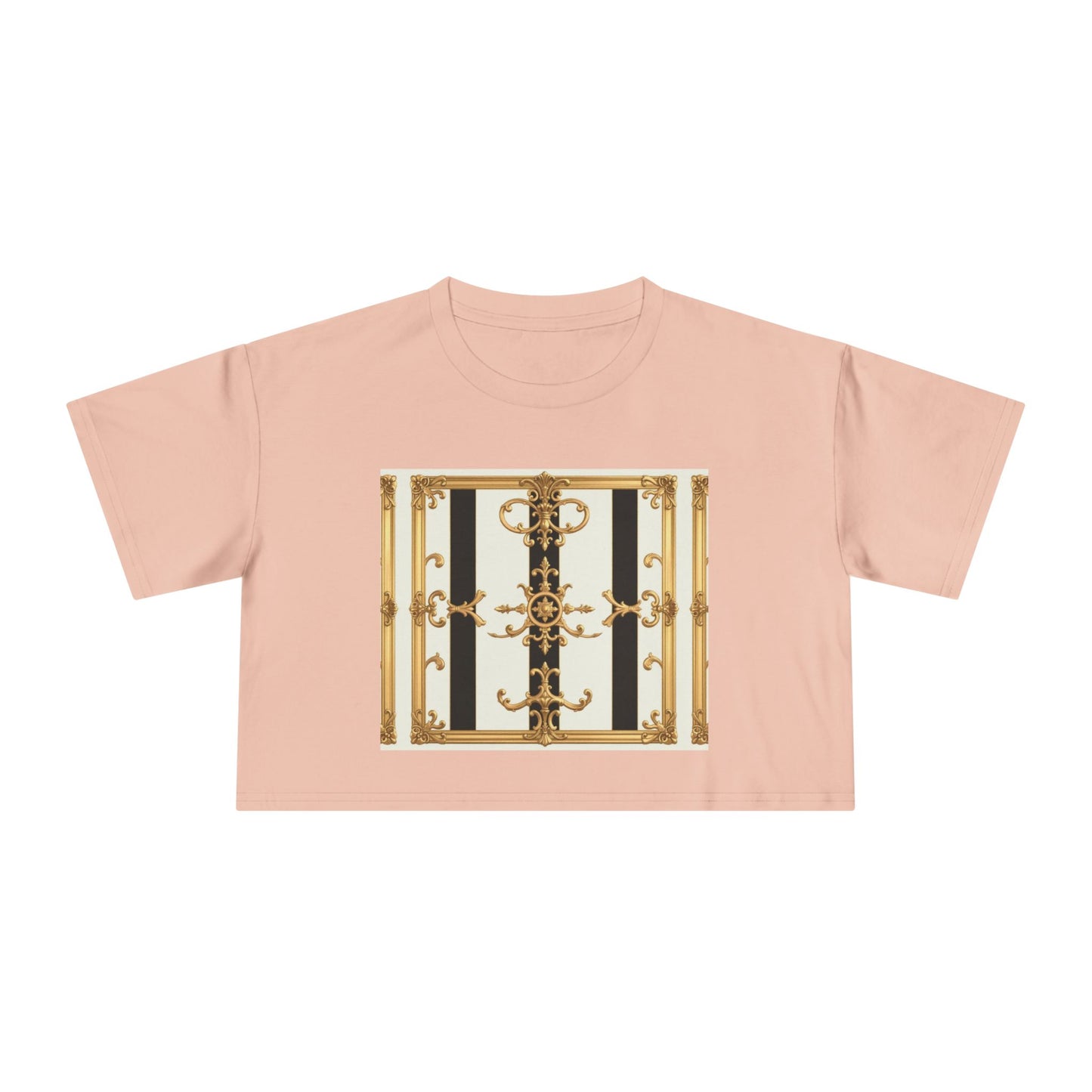Chic Gold Baroque Women's Crop Tee, Stylish Summer Top, Fashionable Gift for Her, Casual Fashion - Black & White Striped Gold Baroque
