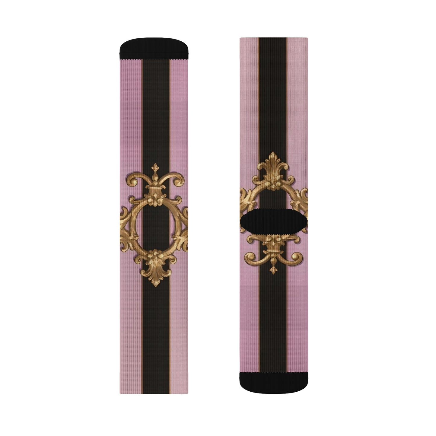 Chic Floral Sublimation Socks for Fashion Lovers, Cute Gift for Her, Trendy Footwear, Stylish Accessories - Matte Lavender & Black Striped Gold Baroque