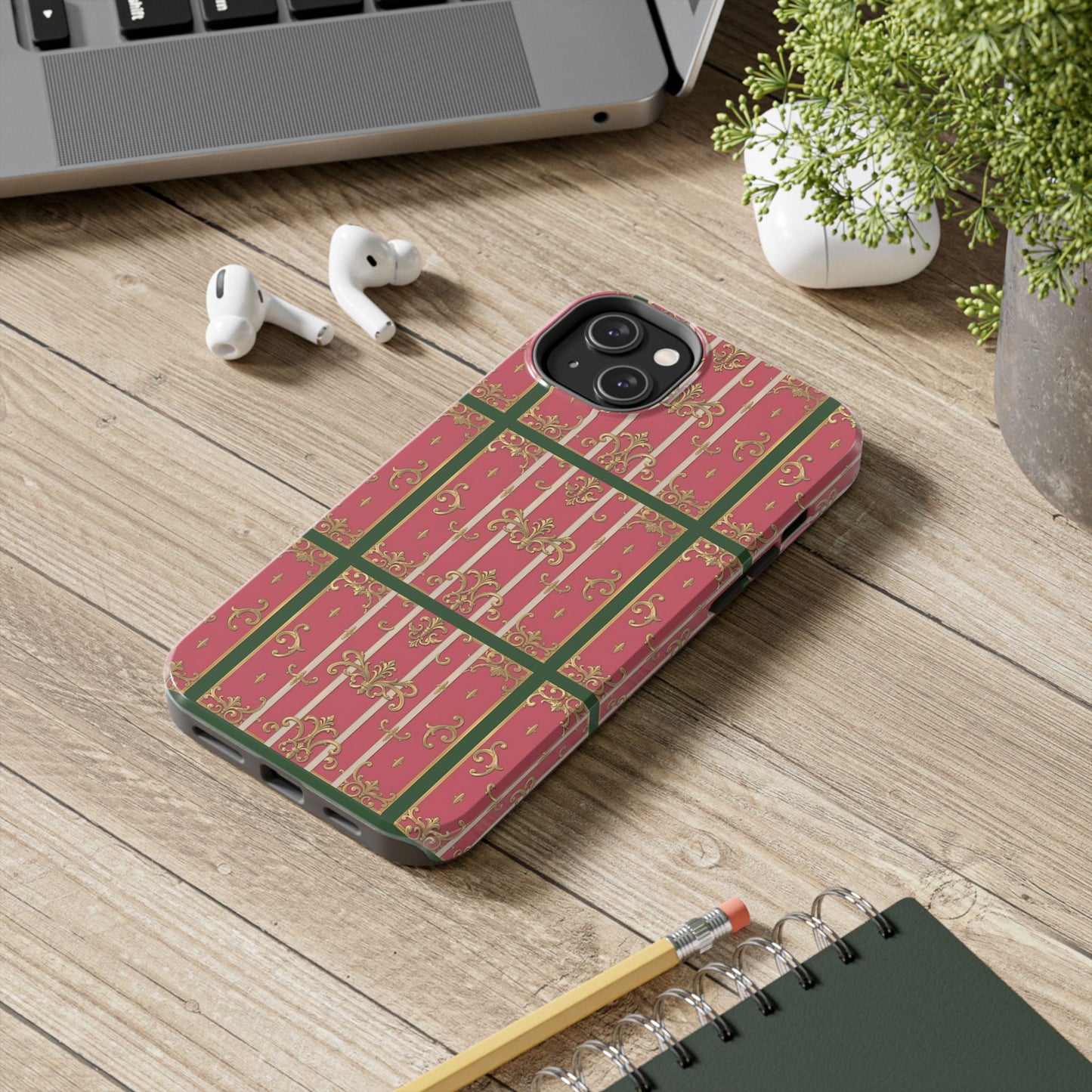 Elegant Green Border Pink Striped Baroque Phone Cases, Tough Phone Cases for Protection, Stylish Mobile Accessories, Gift for Her, Holiday Tech Gifts