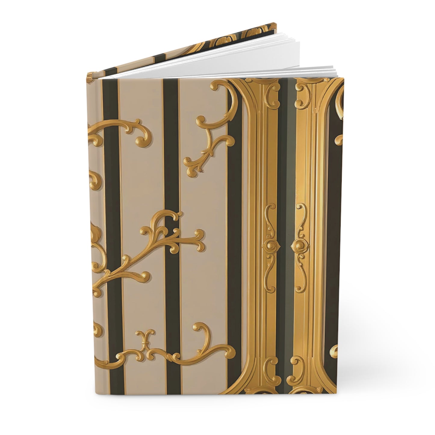 Elegant Antique Hardcover Journal for Writing, Gifts, Bullet Journals, Personalized Stationery - Beige Striped Gold Rococo