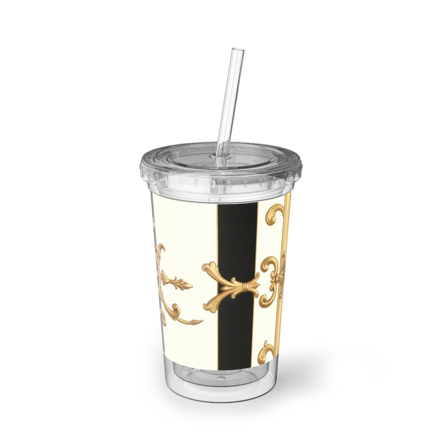 Elegant Gold Accent Acrylic Cup, Insulated Travel Mug, Stylish Coffee Cup, Decorative Tumblers for Gifts - Black & White Striped Gold Baroque