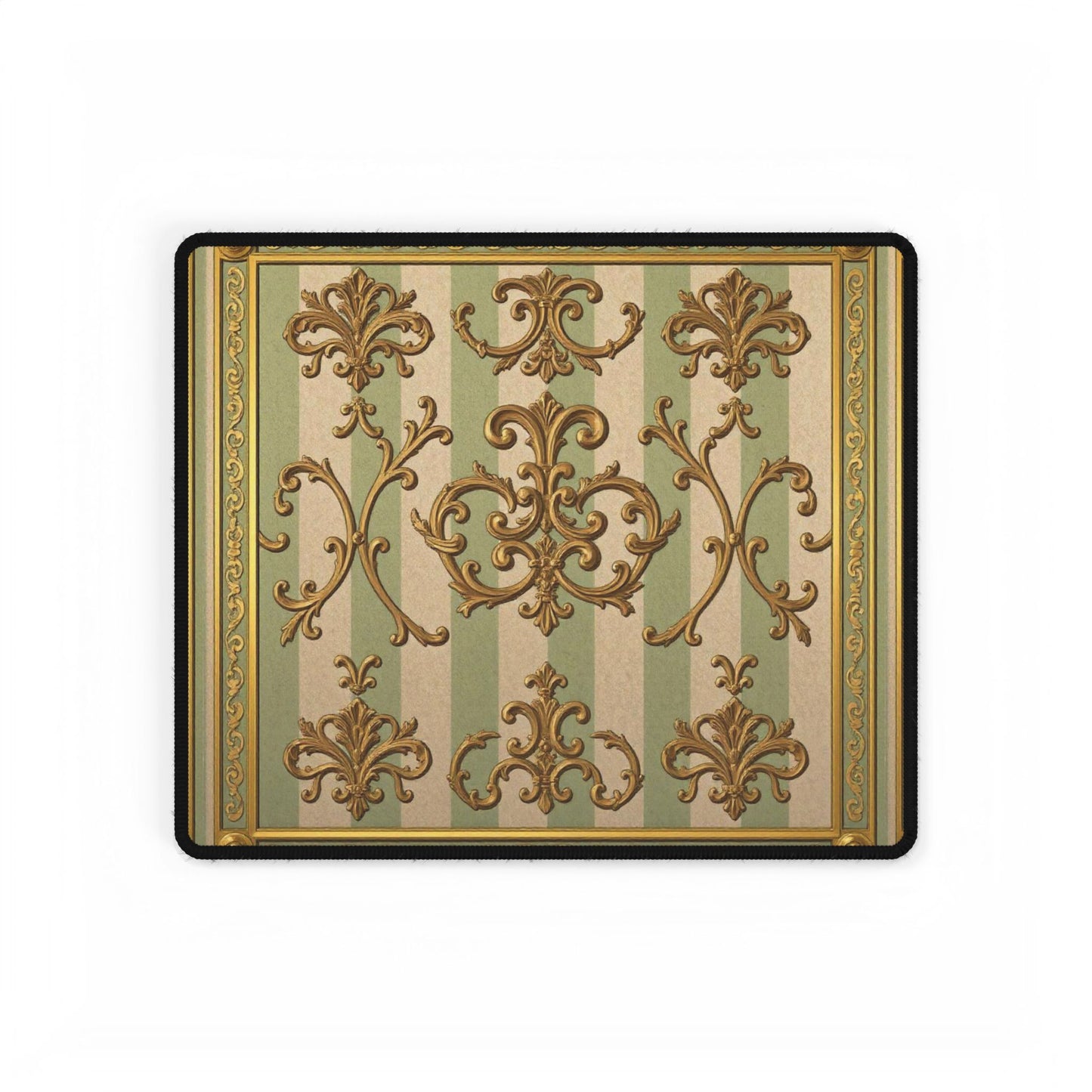 Elegant Vintage Desk Mat, Luxurious Desk Pad for Home Office, Stylish Keyboard Mat, Computer Mouse Pad - Mint Green & Beige Striped Gold Baroque