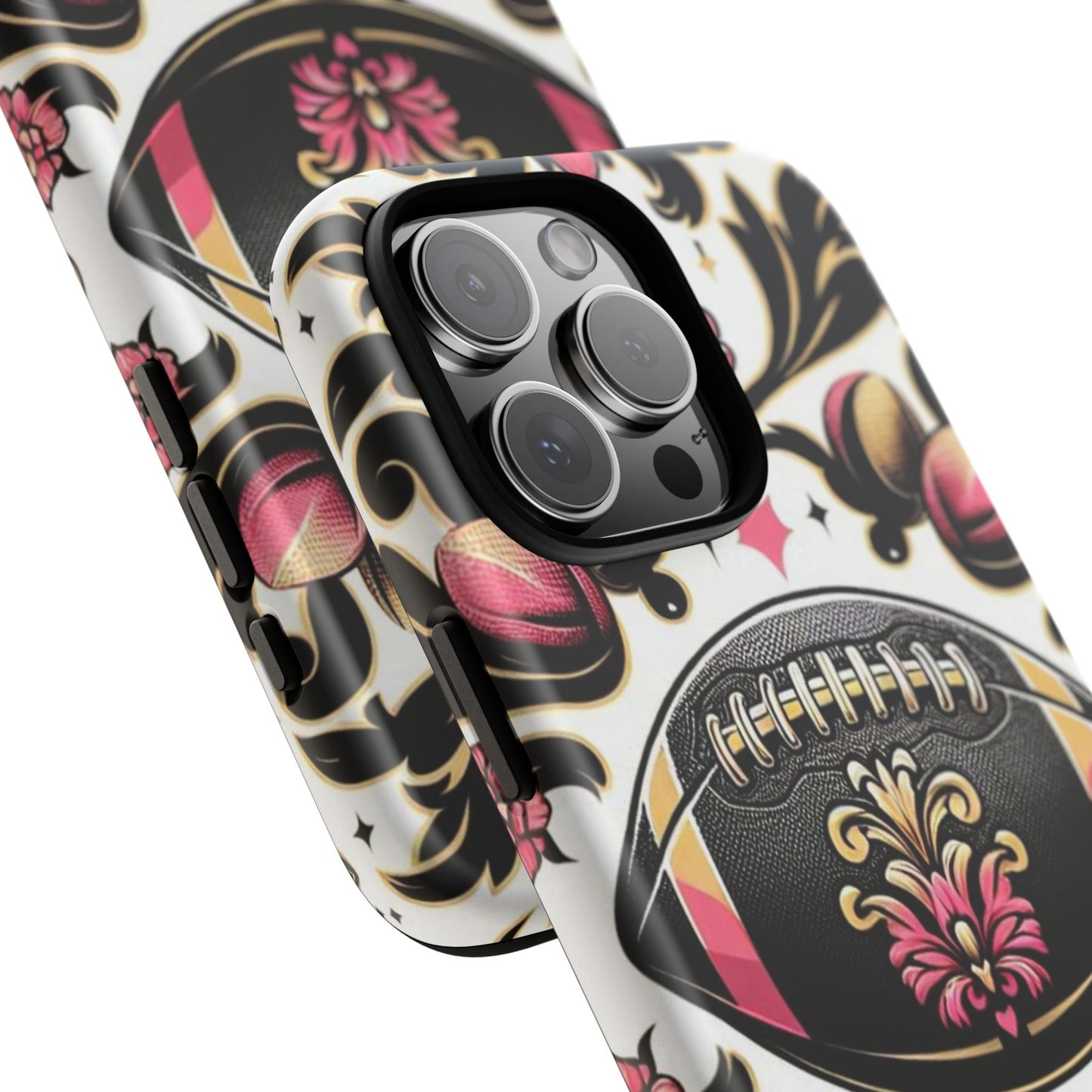Elegant Floral Motif Phone Case - Tough Cases with Vintage Design - Damask White, Pink Gold & Black Football