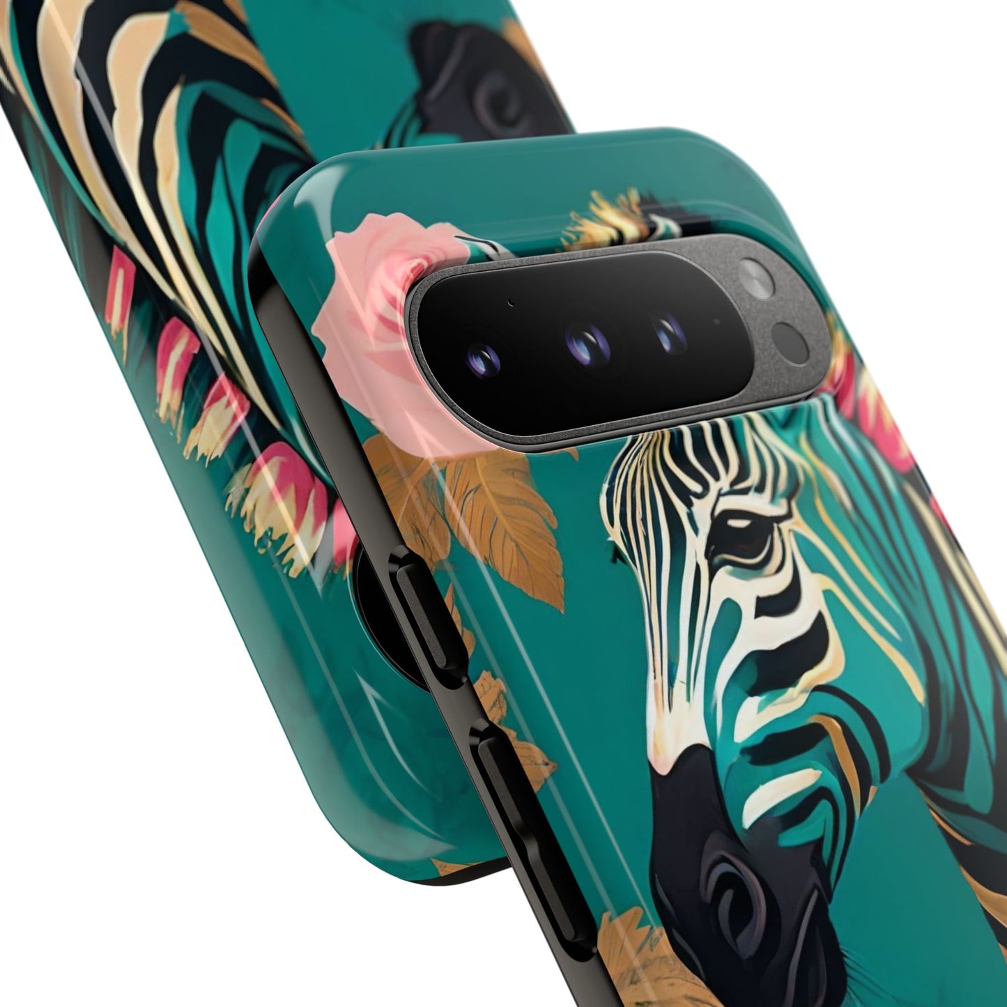Phone Case - Elegant Teal & Gold Zebra & Roses Design