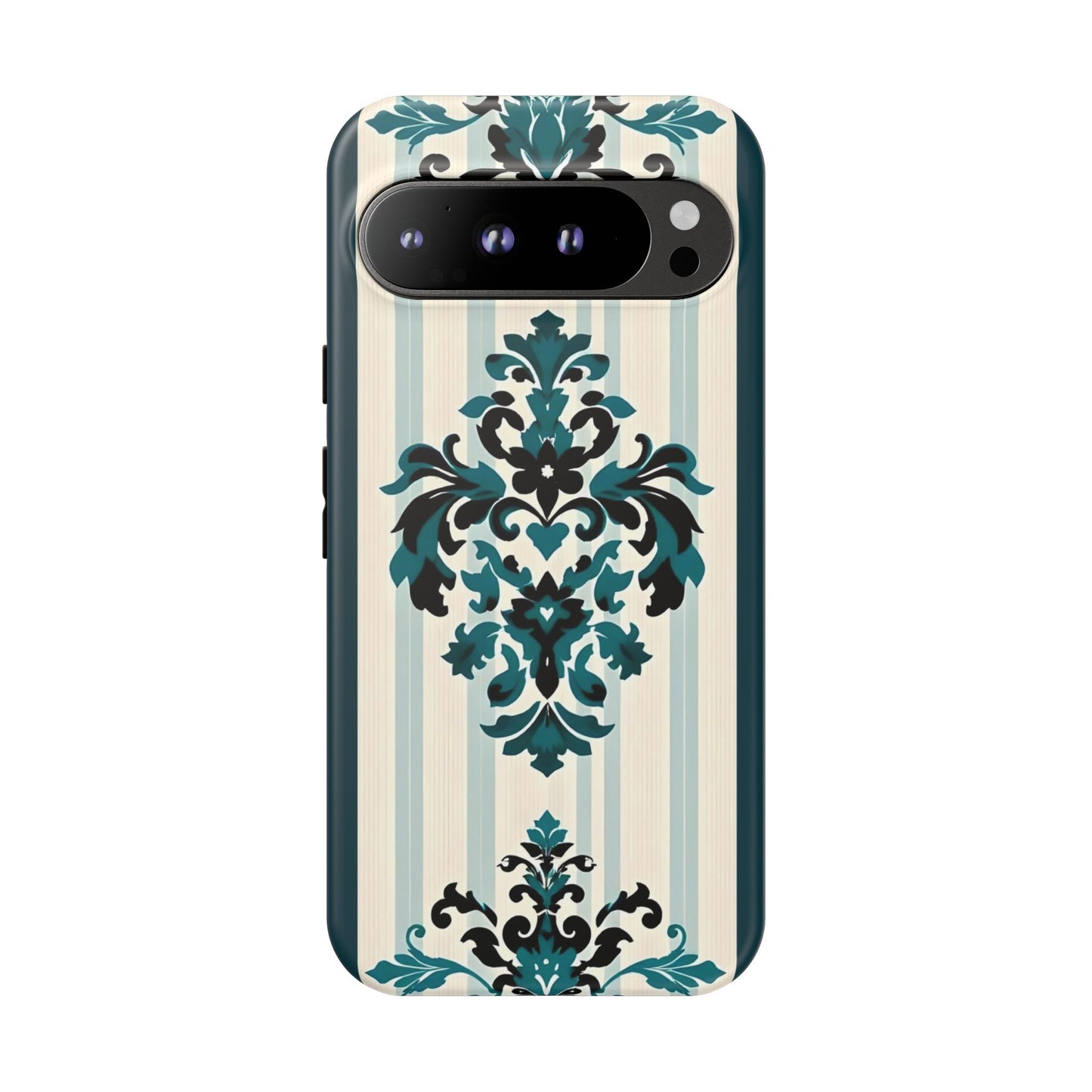 Elegant Floral Phone Case - Tough Cases with Vintage Design - Teal Striped Damask