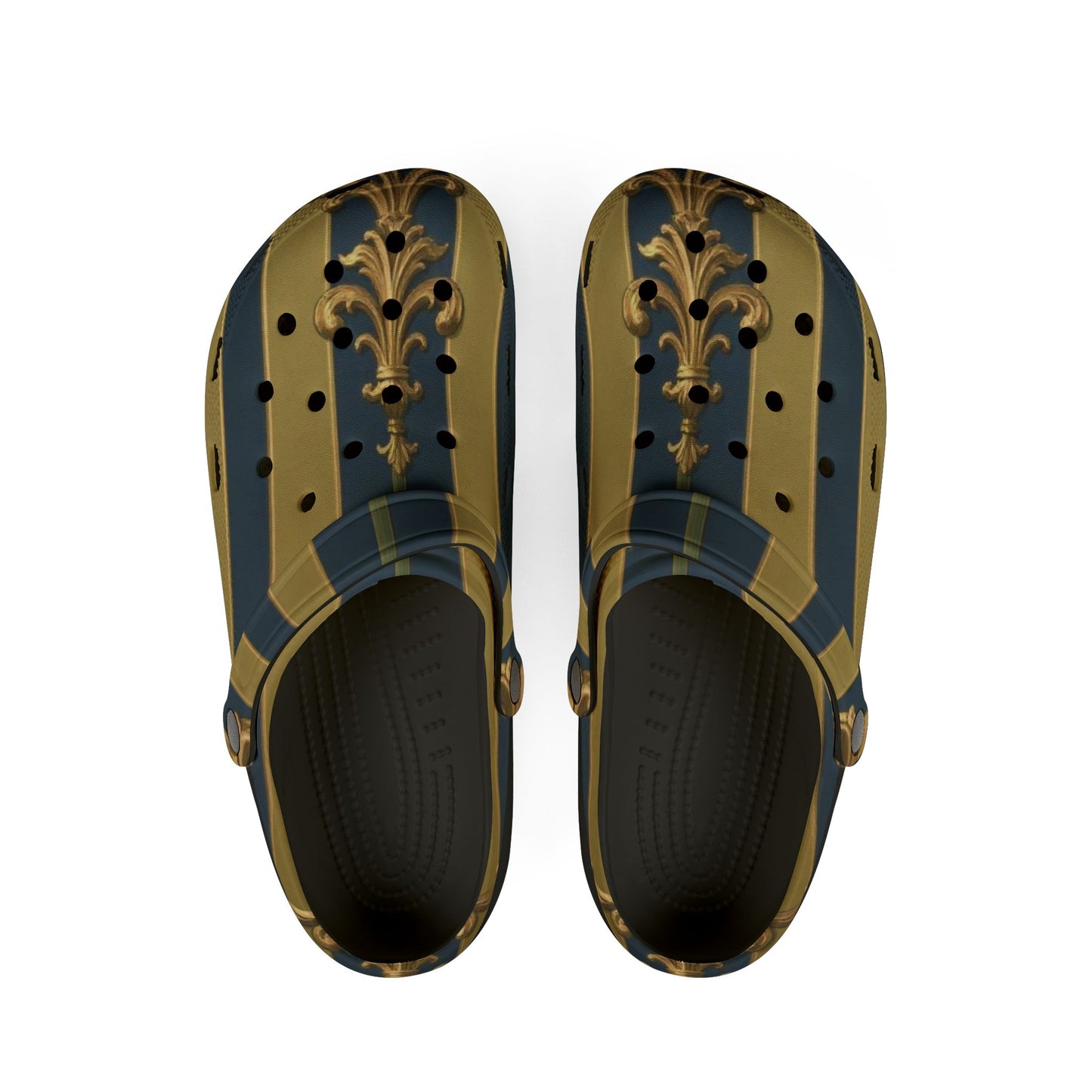 Stylish Midnight Blue & Olive Striped Gold Baroque EVA Foam Clogs - Trendy Slip-On Shoes for Comfort and Fashion, Casual Footwear, Unique Gift