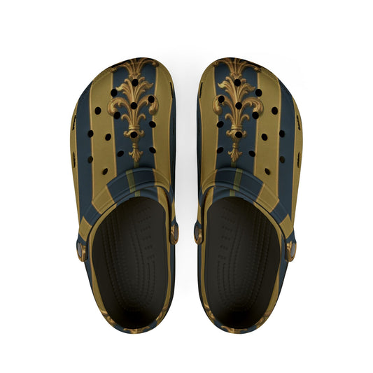 Stylish Midnight Blue & Olive Striped Gold Baroque EVA Foam Clogs - Trendy Slip-On Shoes for Comfort and Fashion, Casual Footwear, Unique Gift