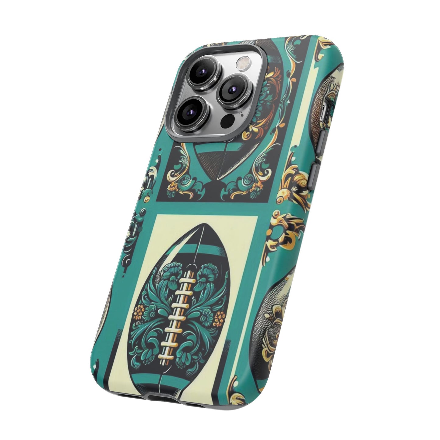 Elegant Floral Motif Phone Case - Tough Cases with Vintage Design -  Damask Teal, Gold & Black Footballs