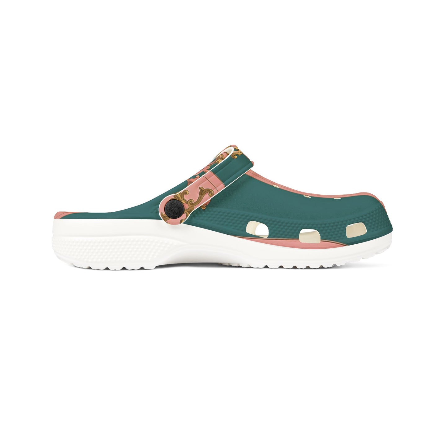 Stylish EVA Foam Rubber Shoes with Elegant Floral Design, Comfortable Clogs for Everyday Wear - Pink & Teal Striped Gold Baroque