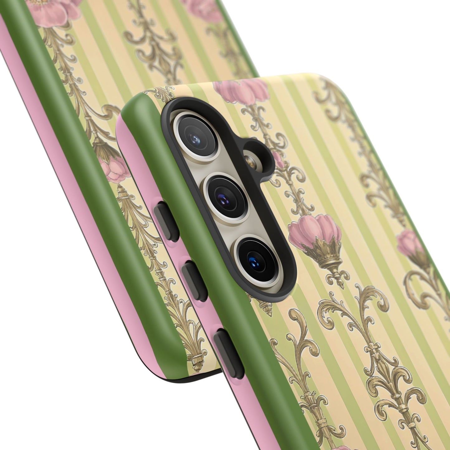 Elegant Floral Motif Phone Case - Tough Cases with Vintage Design - Lime Green & Pink Striped Damask