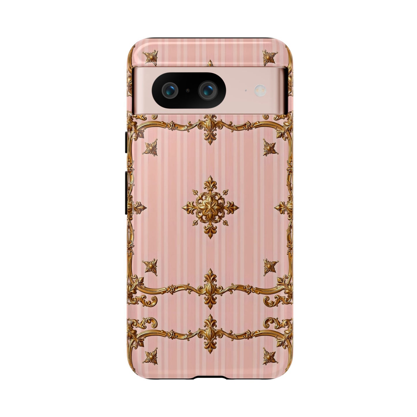 Elegant Floral Phone Case, Tough Cases for Women, Trendy Phone Cover, Chic Gift - Pink Striped Gold Baroque