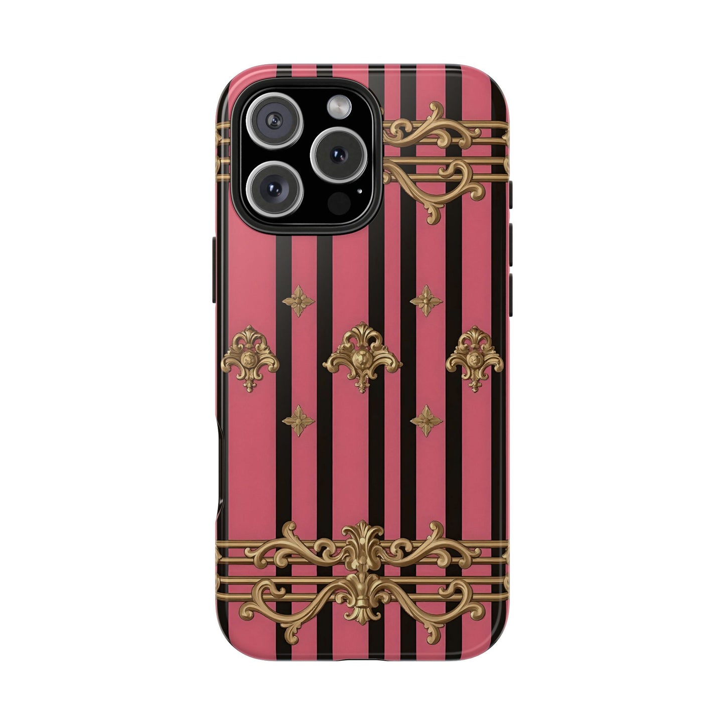 Elegant Floral Phone Cases, Stylish Protective Case for Trendy Individuals, Unique Gift for Tech Lovers, Phone Accessories - Pink Striped Gold Rococo